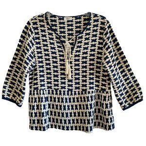 GLAM Women's Top Cotton Blue Ivory Embroidered V-Neck 3/4 Sleeve Tassels - Large